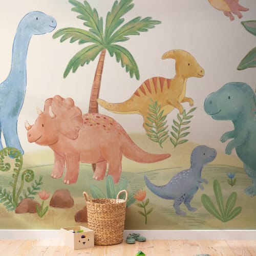 Mehrfarbige Dinosaurierparadies Kinder-Fototapete für verspielte Räume
