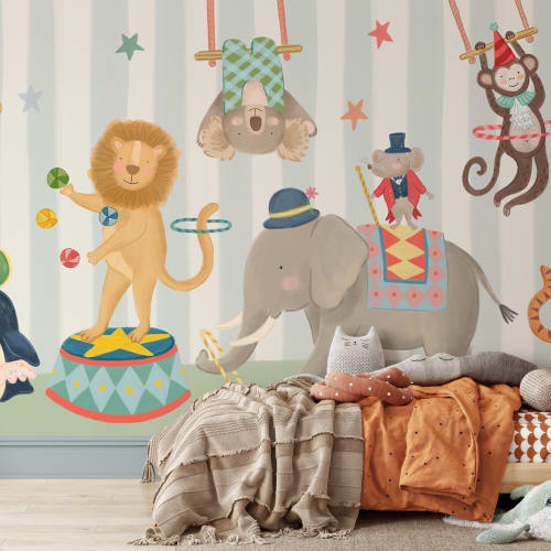 Kids Blue Stripe Animal Circus Show murale