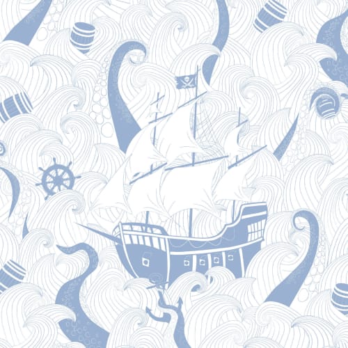 Mural Papel Pintado Infantil Blanco y Azul con Motivos de Barco Pirata