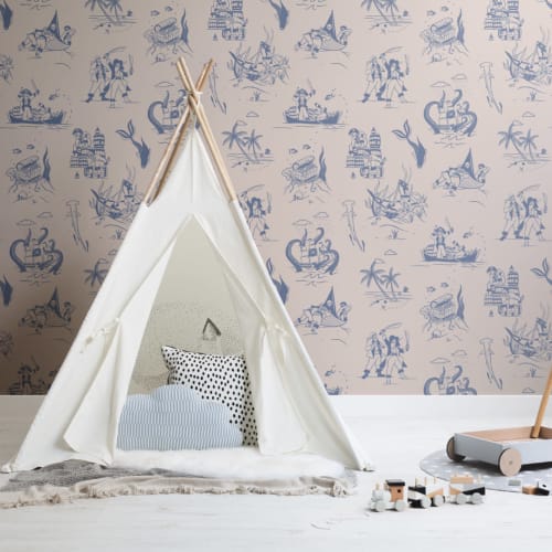 Mural Papel Pintado Azul y Crema Ilustrado con Motivos de Escenas Piratas