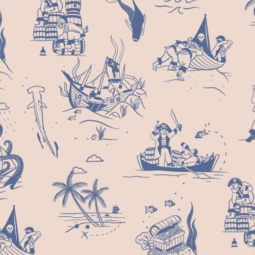 Mural Papel Pintado Azul y Crema Ilustrado con Motivos de Escenas Piratas