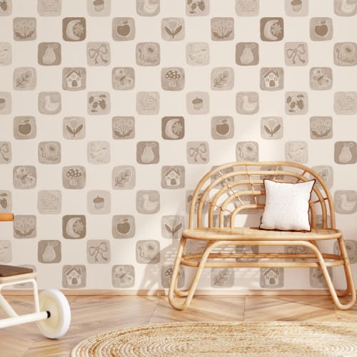 Neutral Checkered Kids' Patchwork Pattern Mural