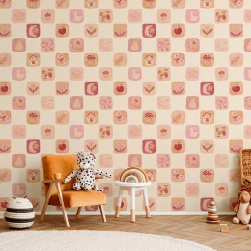 Carta da parati rosa vintage con motivi patchwork per bambini