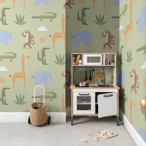 Green Kids Playful Jungle Animals Mural