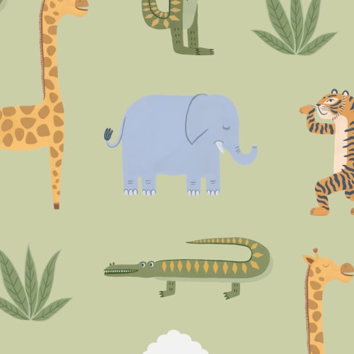 Green Kids Playful Jungle Animals Mural