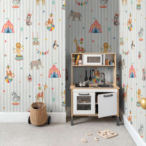 Kids Blue Stripe Circus Animals Murale