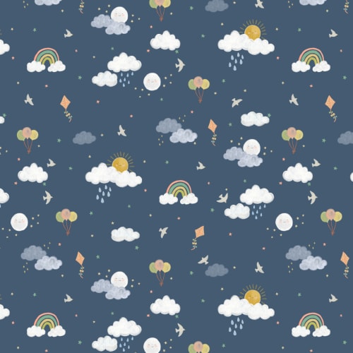 Dark Blue Hand Drawn Sun, Clouds & Rainbow Print Wallpaper