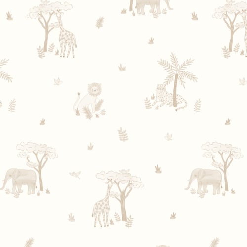 Papel pintado neutro ilustrado con animales de safari de colores