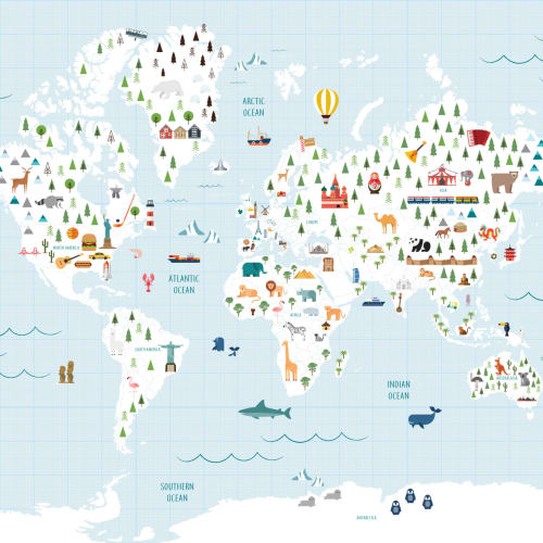 Cartoon Blue Grid Paper World Map Wallpaper Mural