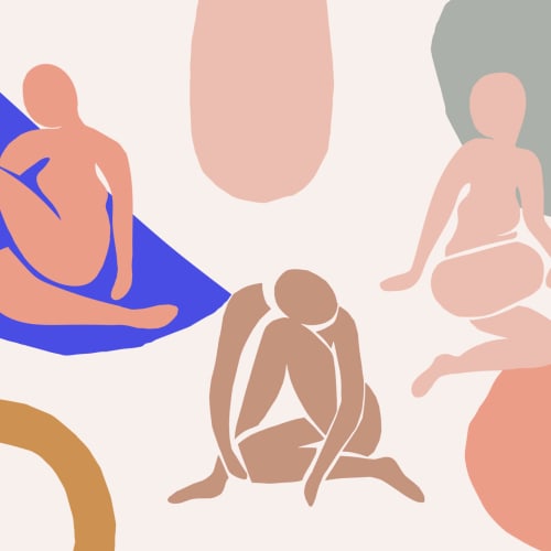 Carta da Parati di Colore Neutro con Figure Umane e Forme Astratte