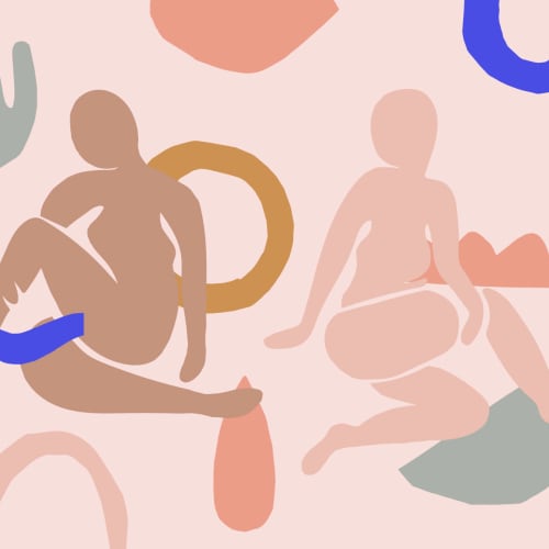 Carta da Parati Rosa Cipria con Figure Umane e Forme Astratte