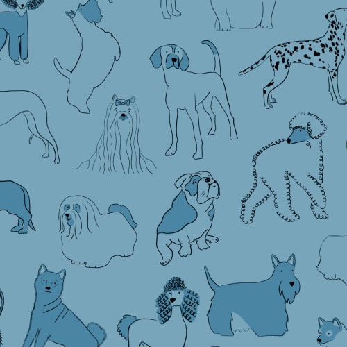 Carta da Parati Blu Tono su Tono con Cani Illustrati di Varie Razze