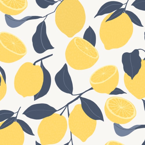 Carta da Parati Colorata con Motivo di Limoni in Giallo e Blu