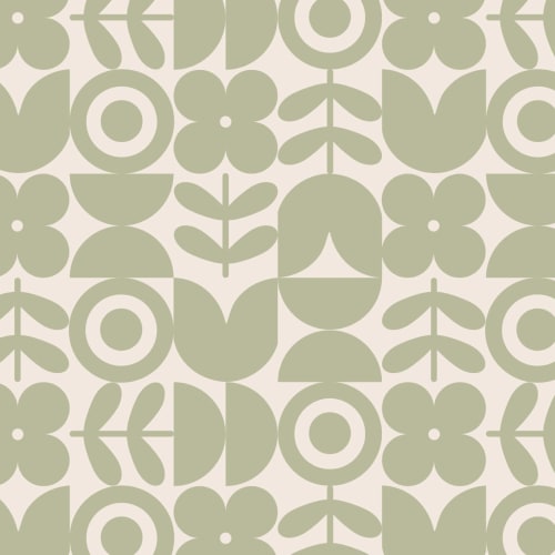Green Geometric Retro Flower Repeat Pattern Wallpaper