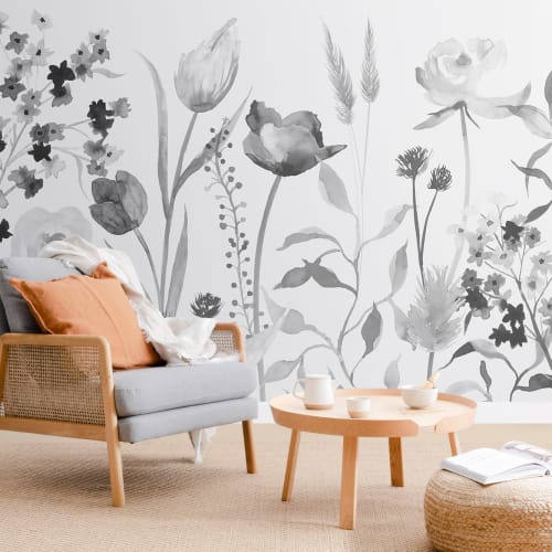 Stor grå akvarell blomster fototapet