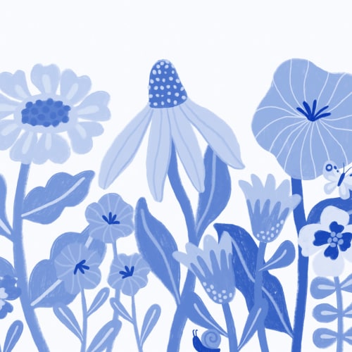 Blaue Kinder Retro Skandinavische Blumen Fototapete