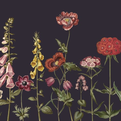 Donker geïllustreerde muurschildering van wilde bloemen