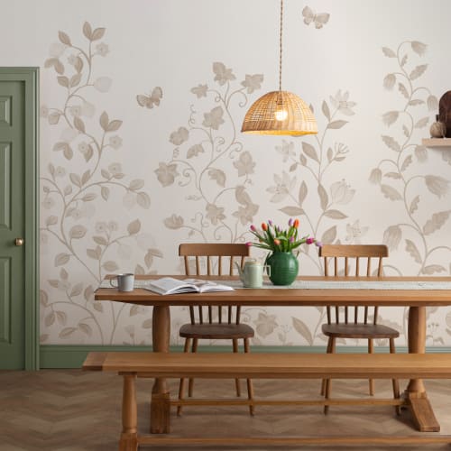 Beige Whimsical Climbing Botanicals Mural