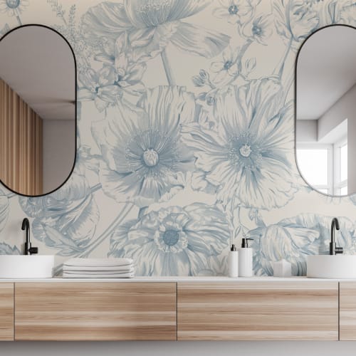 Blue Illustrated Floral Bouquet Mural