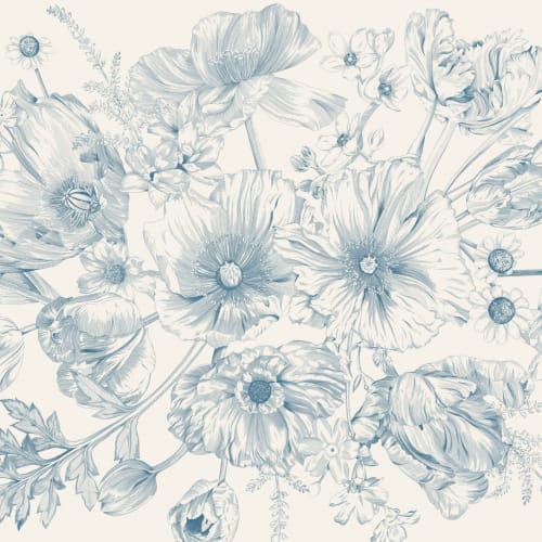 Blue Illustrated Floral Bouquet Mural