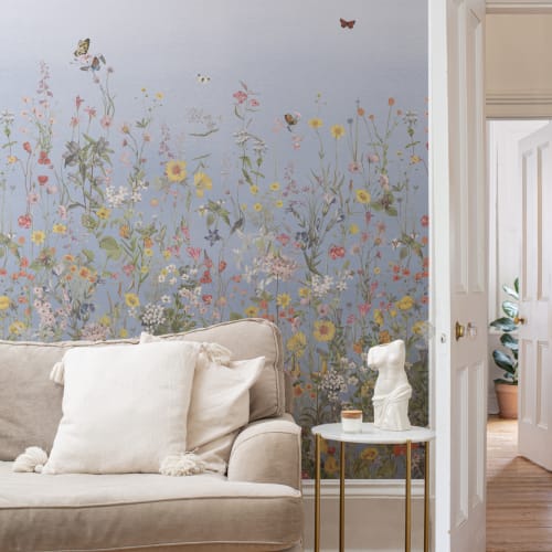 Blue Ombre Wildflower and Butterfly Mural