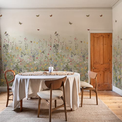 Grön Ombre vildblomma och fjäril Mural-tapeter