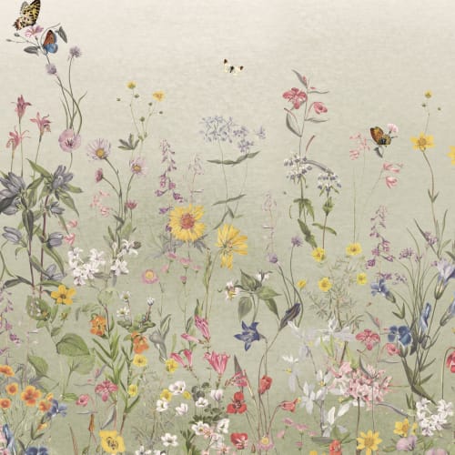 Grön Ombre vildblomma och fjäril Mural-tapeter