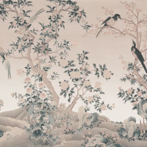 Roze Chinoiserie Vintage Tuinlandschap Muurschildering