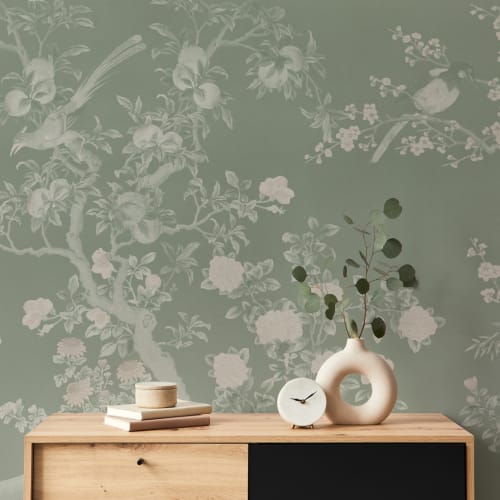 Grønn Chinoiserie Vintage hagescene veggmaleri