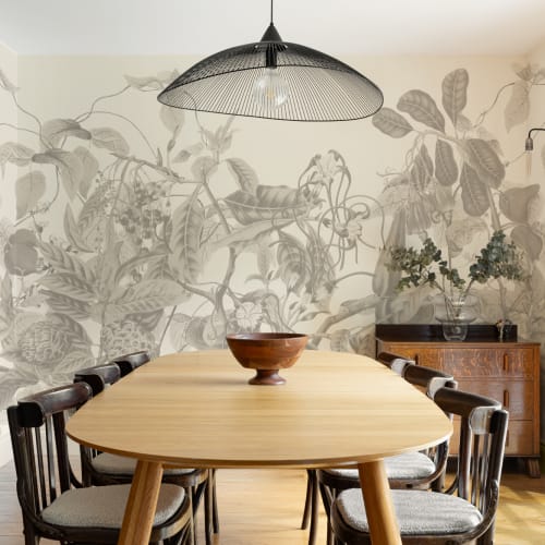 Lush Vintage Botanical Wall Mural in Grey with Tropical Flowers and Leafy Vines