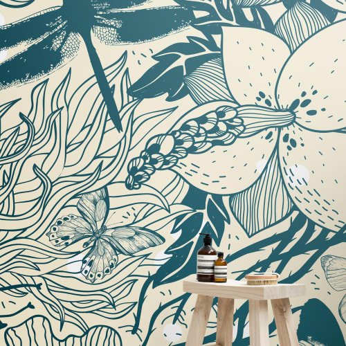 Blue Insect Pattern Wallpaper Mural