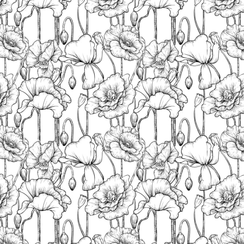 Carta da Parati Floreale con Papaveri Illustrati in Bianco e Nero