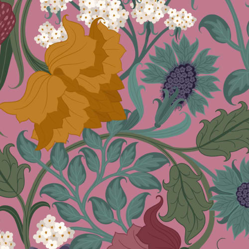 Vintage Colourful and Pink Floral Repeat Pattern Wallpaper