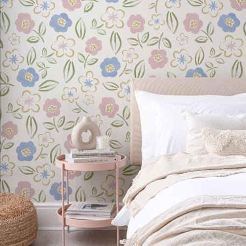 Roze & Blauw Bloemen Blok Print Behang