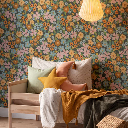 Papier peint fleuri multicolore sur fond bleu marine