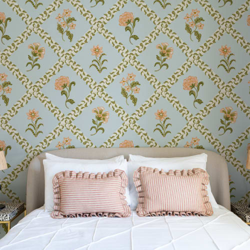 Light Blue Block Print Botanical Trellis Mural