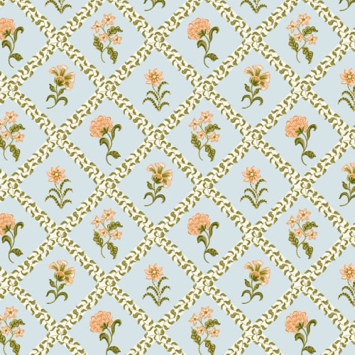Light Blue Block Print Botanical Trellis Mural