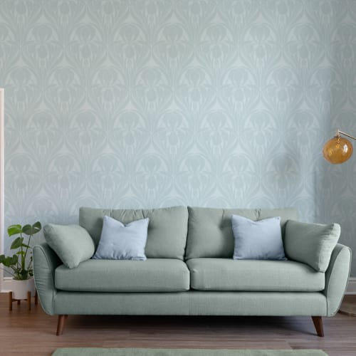 Blauwe Art Deco Houtblok Iris Muurschildering