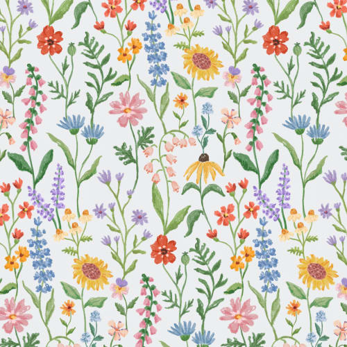 Blue Hand Drawn Wildflowers Mural