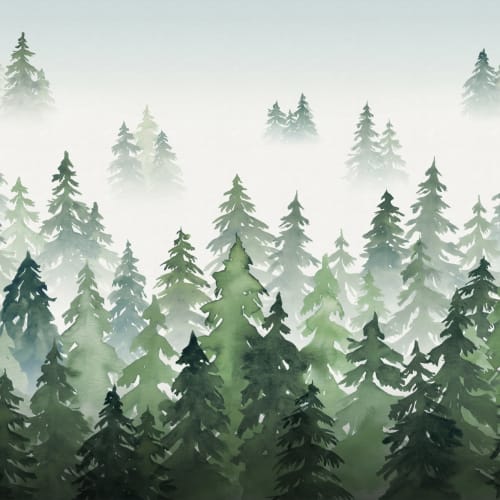 Carta da Parati con Bosco di Pini Verdi ad Acquerello