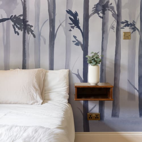 Blauw aquarel bos muurschildering