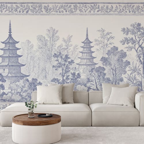 Mural de parede com design de pagode de serenidade de paisagem japonesa azul
