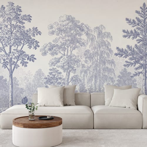 Mural da natureza da floresta vintage azul para espaços serenos