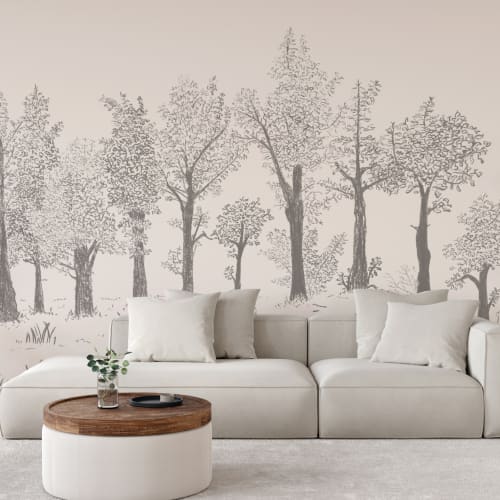 Grey Illustrated Traditional European Forest Mural