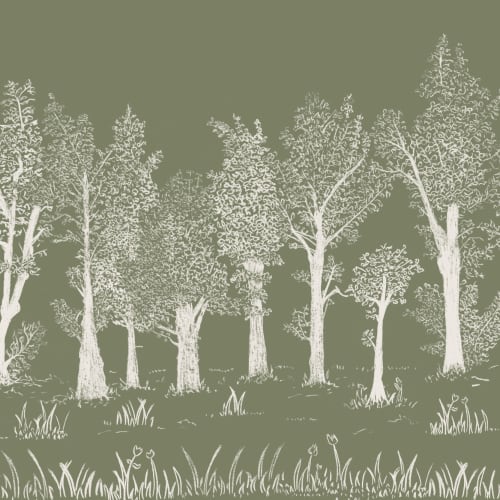 Papier Peint Panoramique de forêt européenne traditionnelle illustrée en vert