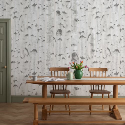 Mural de papel de parede com padrão de árvore de bétula branca e creme