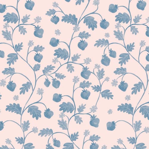 Papier peint vintage rose aquarelle fraise et feuillage