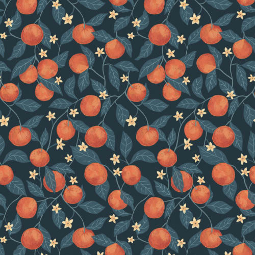 Dark Blue Botanical Oranges Mural