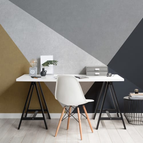 Grijs, Blauw & Goud Beton Effect Geometrisch Behang Muurschildering