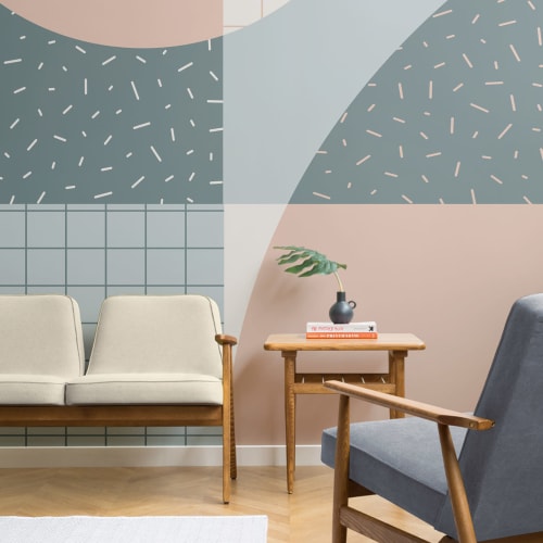 Memphis 80-talls pastellblå og rosa geometrisk fototapet